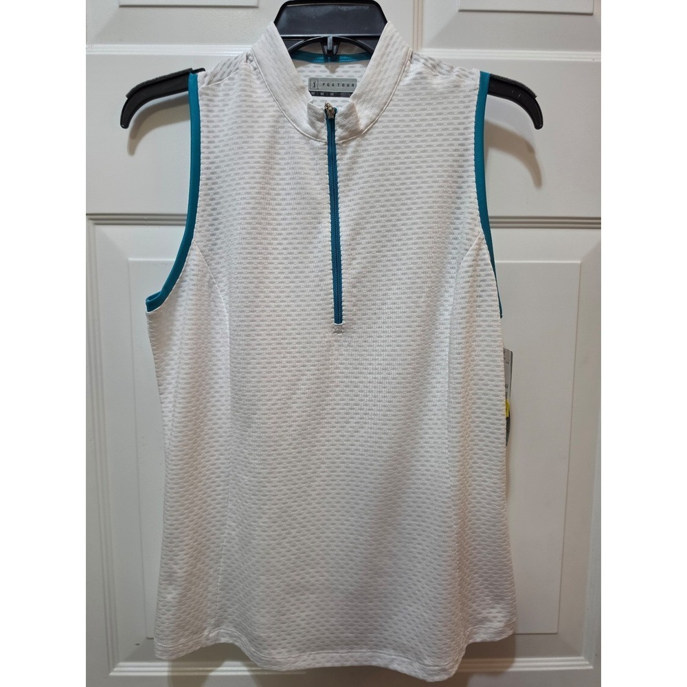 NWT PGA TOUR Women's Sleeveless Golf Polo Shirt - Quarter-Zip White/Teal - Large